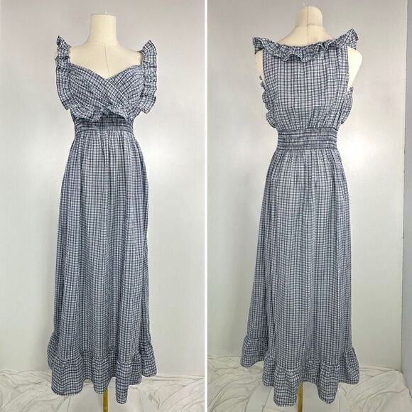 Max Studio Cottage Core Plaid Ruffle Maxi Dress M Prairie FarmHouse Cowgirl Retr - Picture 1 of 13